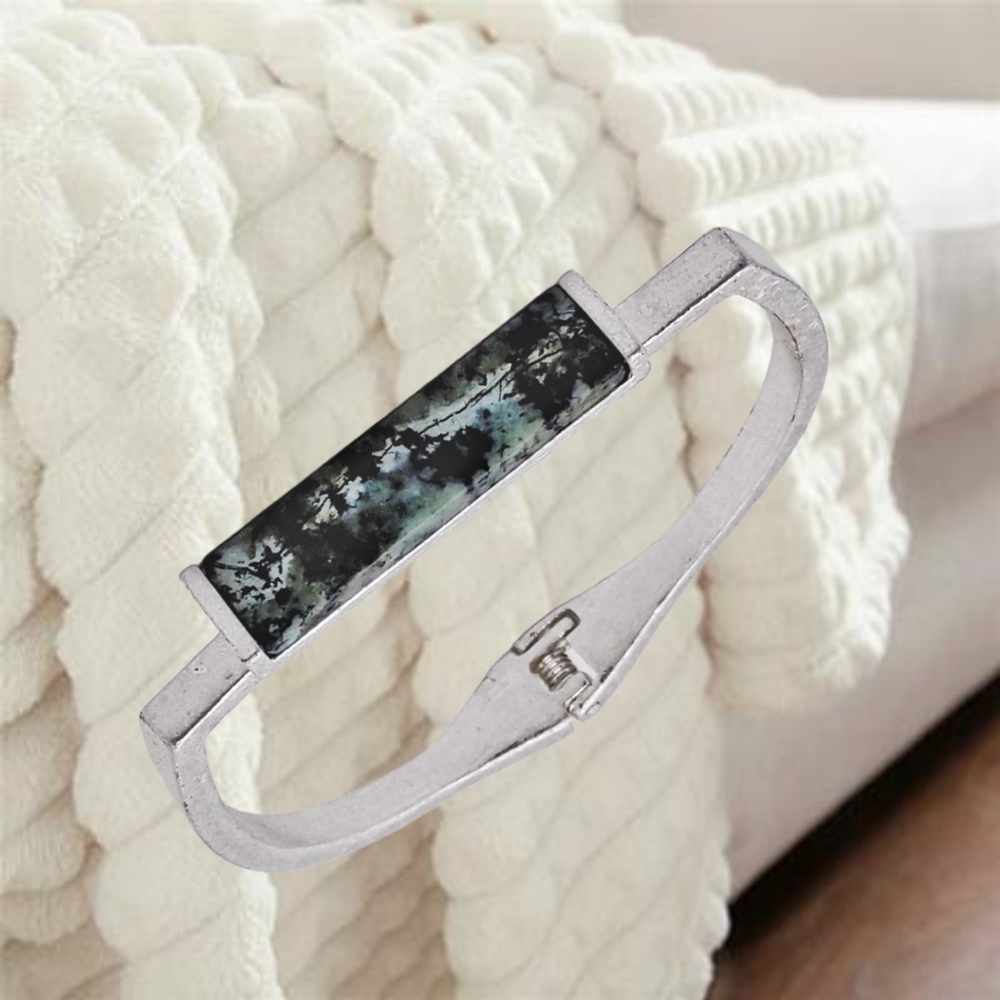 Distressed Silver Rectangular Chrysocolla  Stone Bangle Bracelet NWOT